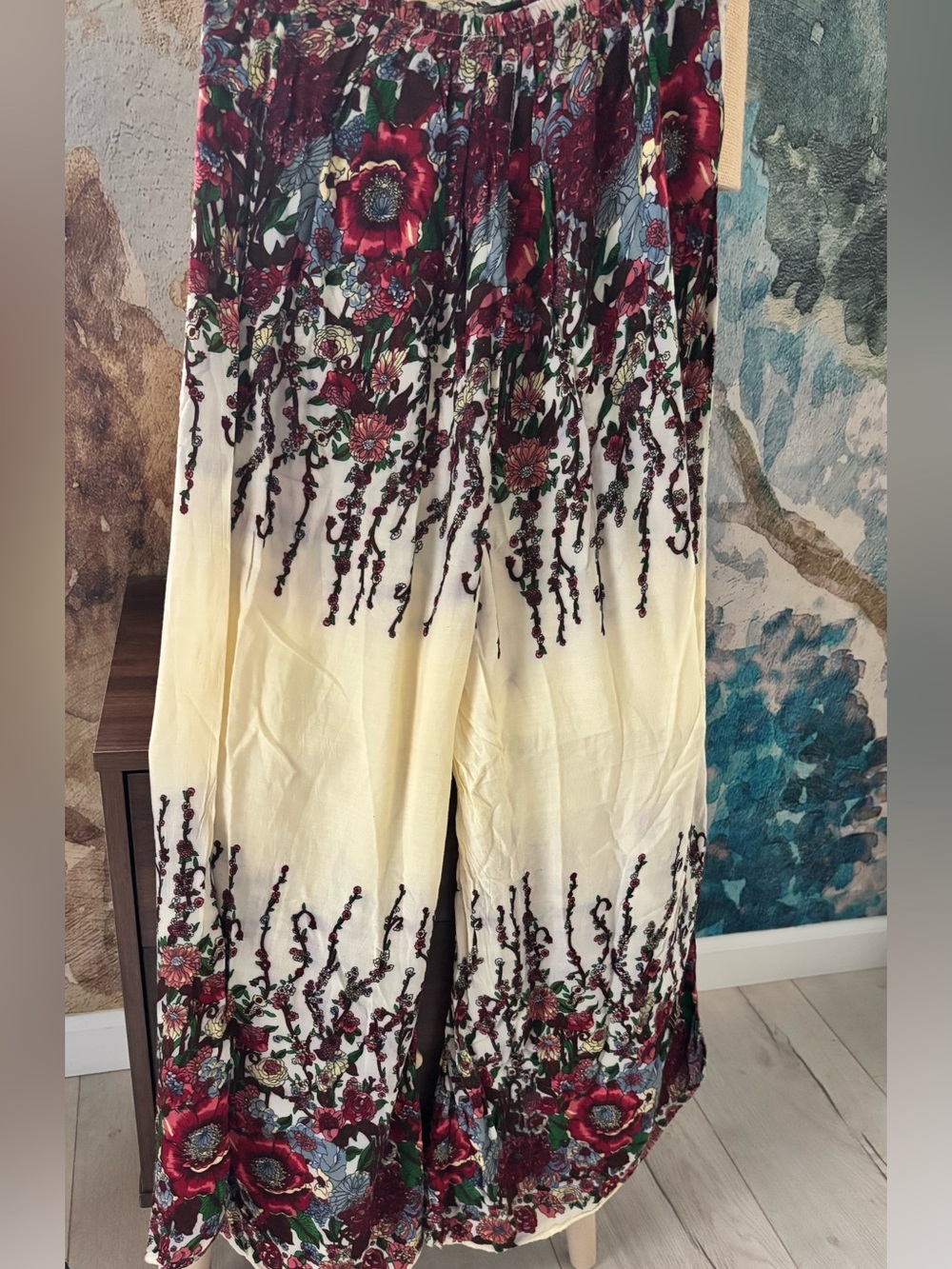 Bohemian Floral Smocked Waist Wide-Leg Pants - White/Red sz S - Picture 2 of 3